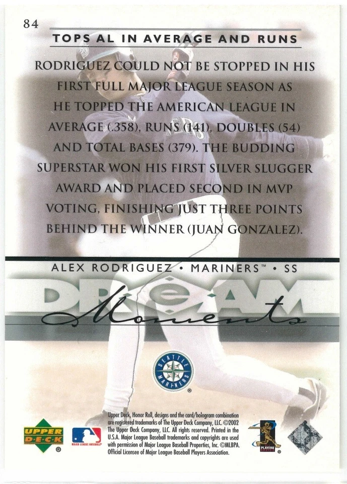 2002 Upper Deck Honor Roll #84 Alex Rodriguez Dream Moments Seattle Mariners - Image 2 of 2