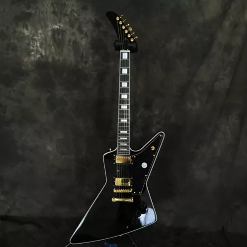 Exclusive Explorer Black Electric Guitar HH Pickups Fixed Bridge Golden Hardware