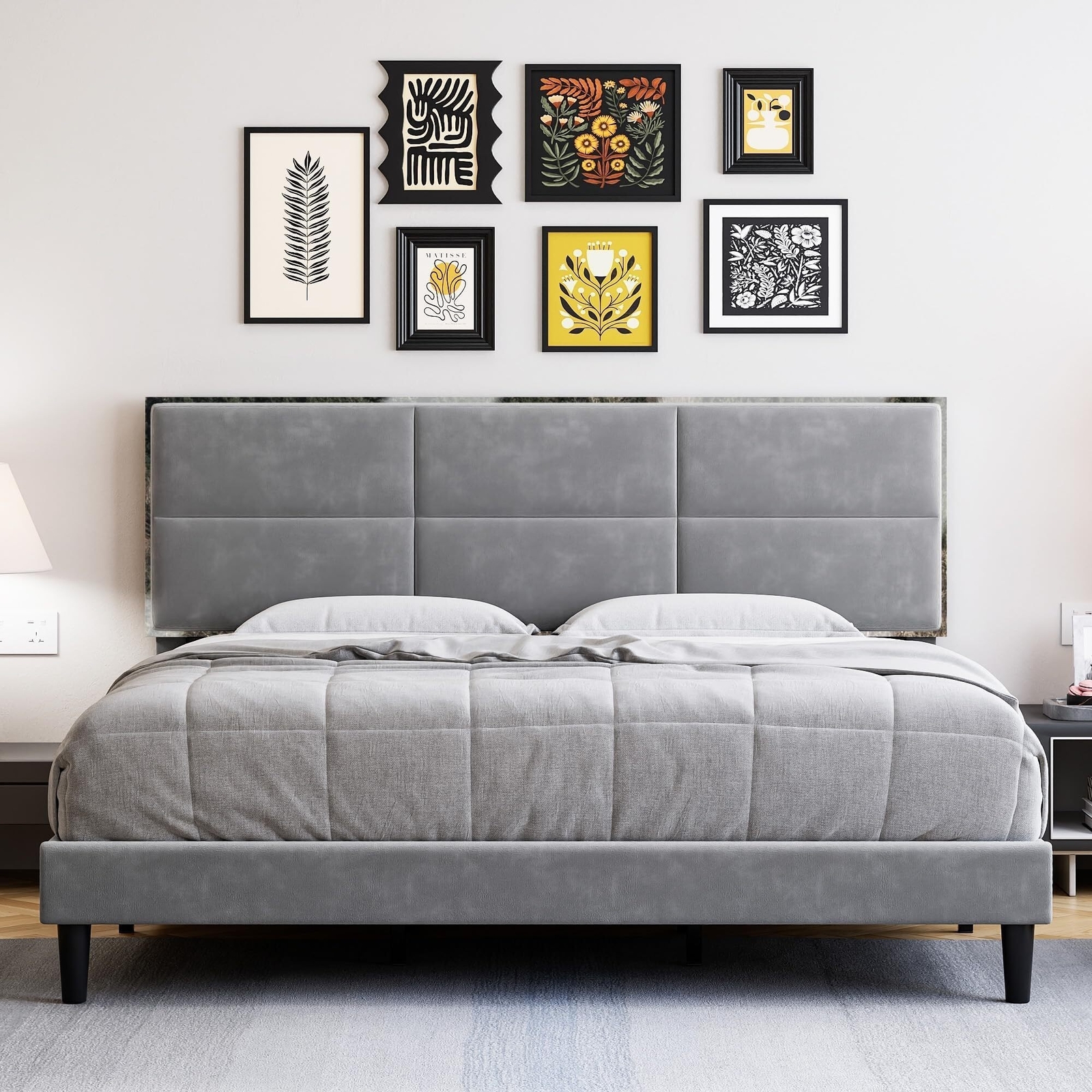 Velvet Upholstered Queen Platform Bed Frame with Headboard and Sturdy Wooden Legs