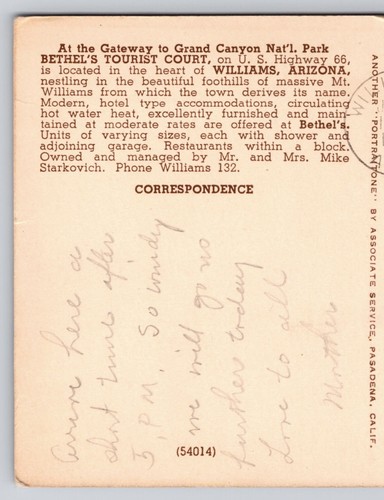 Vintage Postcard 1947 Bethel's Tourist Court Williams Arizona hotel motel - 第 13/14 張圖片
