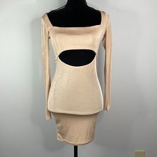 Boohoo Dress Womens Size 2 Stretchy Cut Out Long Sleeve Champagne Slinky