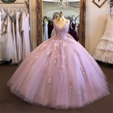 Pink Lace Quinceanera Dresses V-Neck 3D Flowers Sweet 15 16 Princess Ball Gowns