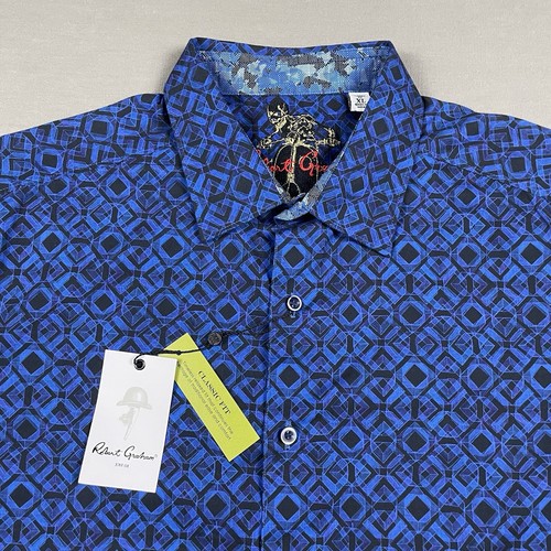 NUEVO CON ETIQUETAS Camisa Robert Graham Manga Larga Abotonada Para Hombres XL Azul Negro Estampado Geométrico - Imagen 3 de 19