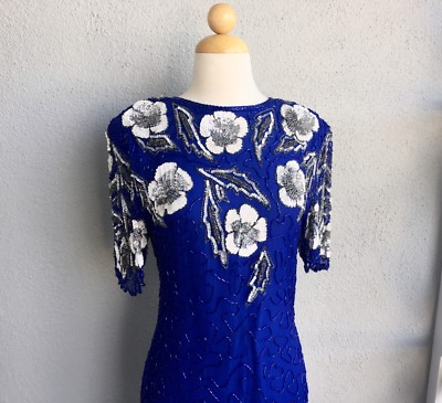 GOLD STAR Royal Blue Vintage Beaded Silk Dress Size M | eBay