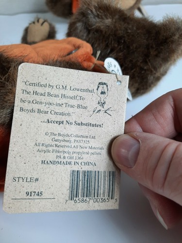 Boyds Bear Autumn Fallsbeary #91745 2000 10” Fall Brown Plush Orange Overalls - Picture 9 of 9
