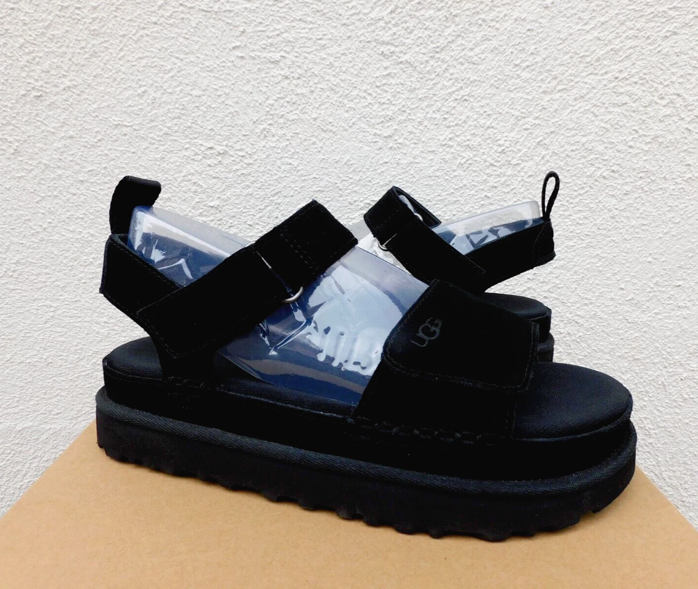 SANDALI UGG NERI GOLDENS SCAMOSCIATI PLATEAU CINTURINO DONNA US 6 EUR 37 ~NUOVI