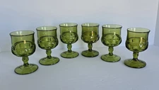 6 - Vintage Indiana Glass Kings Crown Thumbprint Green Goblets / Cordial Glasses