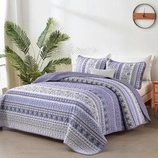 Goodidea Lilac Boho Quilt Set Queen Size, 3 Piece Light Purple Bohemian Strip...