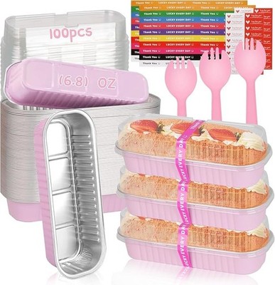 100 Pack Mini Loaf Pans Mini Cake Pans with Lids and Spoons Sealing Sticker, ...