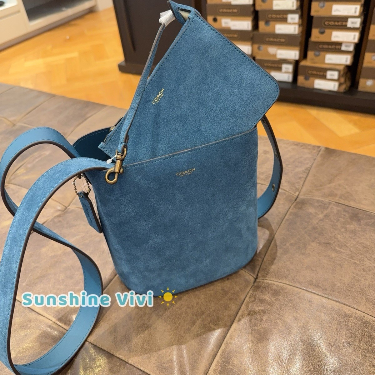 NWT Coach Bleecker Bucket Bag 21 Dark Brass/Sea Blue CCW84 suede