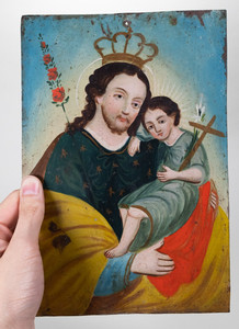 C.1900 Mexican Retablo, "St Joseph & Child", Oil Painting on Tin - 10" x 6-7/8"