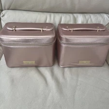 x2 Lancome Rose Gold Pink Cosmetic Top Handle Train Case