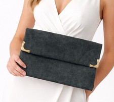 Gray Leather Suede Clutch Fold Over Flap Lined Handbag Vintage Grey Minimalist