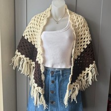 Vintage Crochet Fringe Shawl Boho Cottagecore One Size
