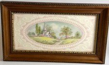 Vintage 1993 Framed Tile Hand Painted Landscape Pinks Cottage Core