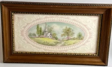 Vintage 1993 Framed Tile Hand Painted Landscape Pinks Cottage Core