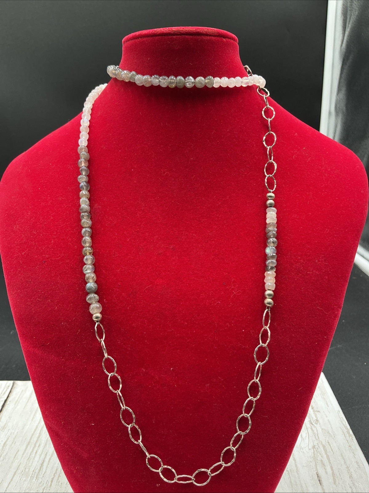 Elegant Long Beaded Chain Necklace with Mixed Gemstones and Silver Links 32”