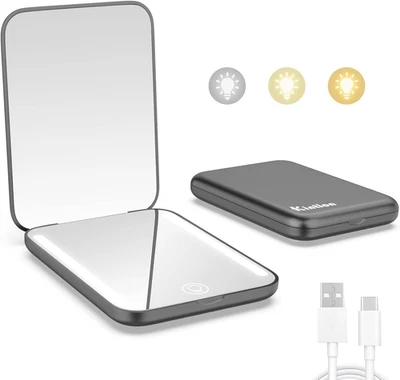Kintion Wiederaufladbarer Taschenspiegel, LED Kompakt Reise Make up Spiegel, 3 F