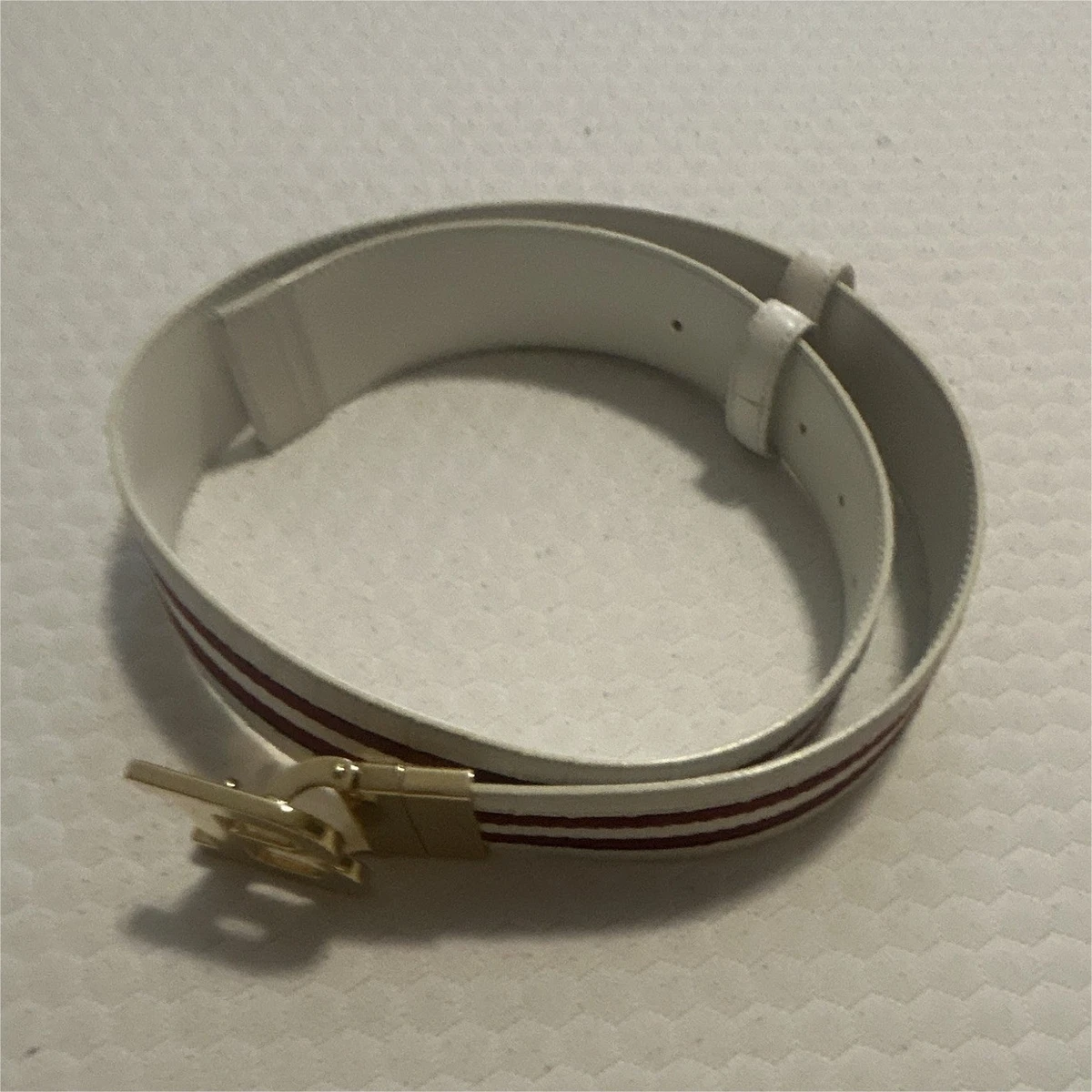 Gail Labelle White Leather Belt with Gold Foil Text Detail Sz 30” Gail Labelle White Handbag Purse Leather studded toggle  main image 2