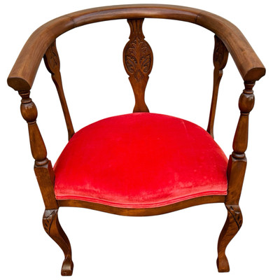 Antique Edwardian Carved Mahogany Tub Chair with Red Suede Seat