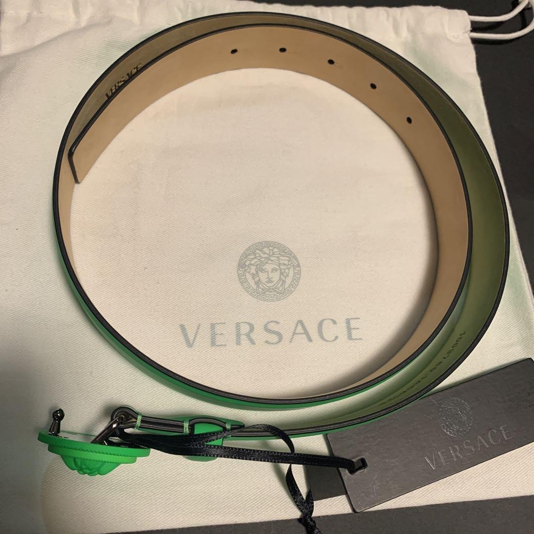 VERSACE Leather Belt Neon Color Green Men's From Japan