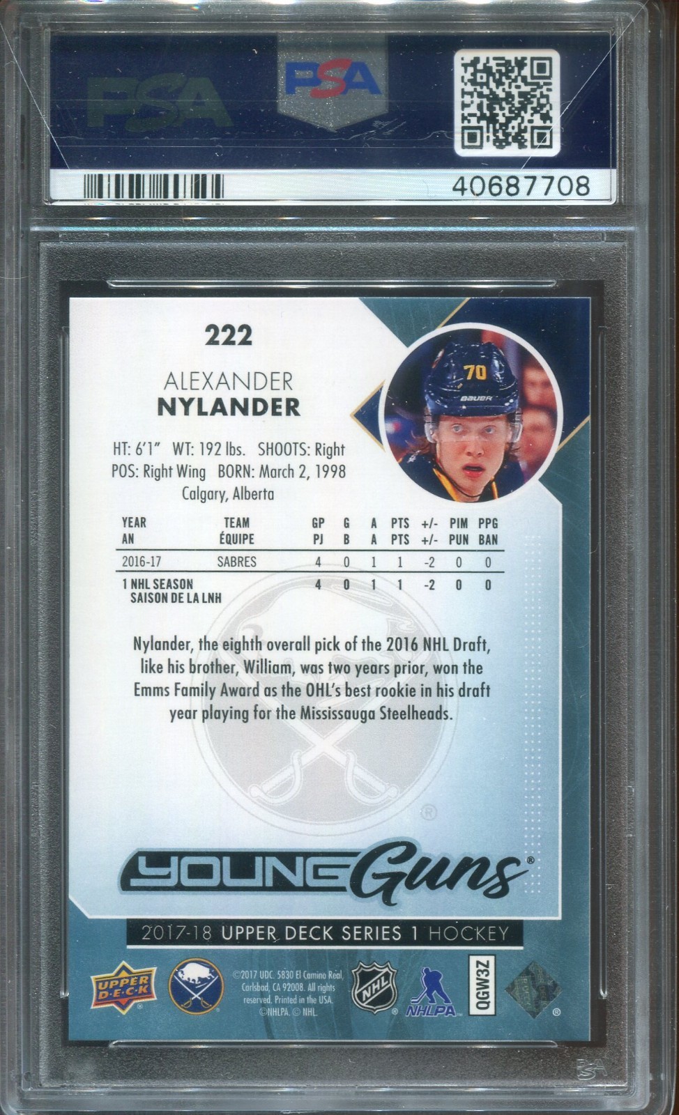 2017-18 UPPER DECK YOUNG GUNS ALEXANDER NYLANDER RC #222 PSA 10 GEM MINT view 2