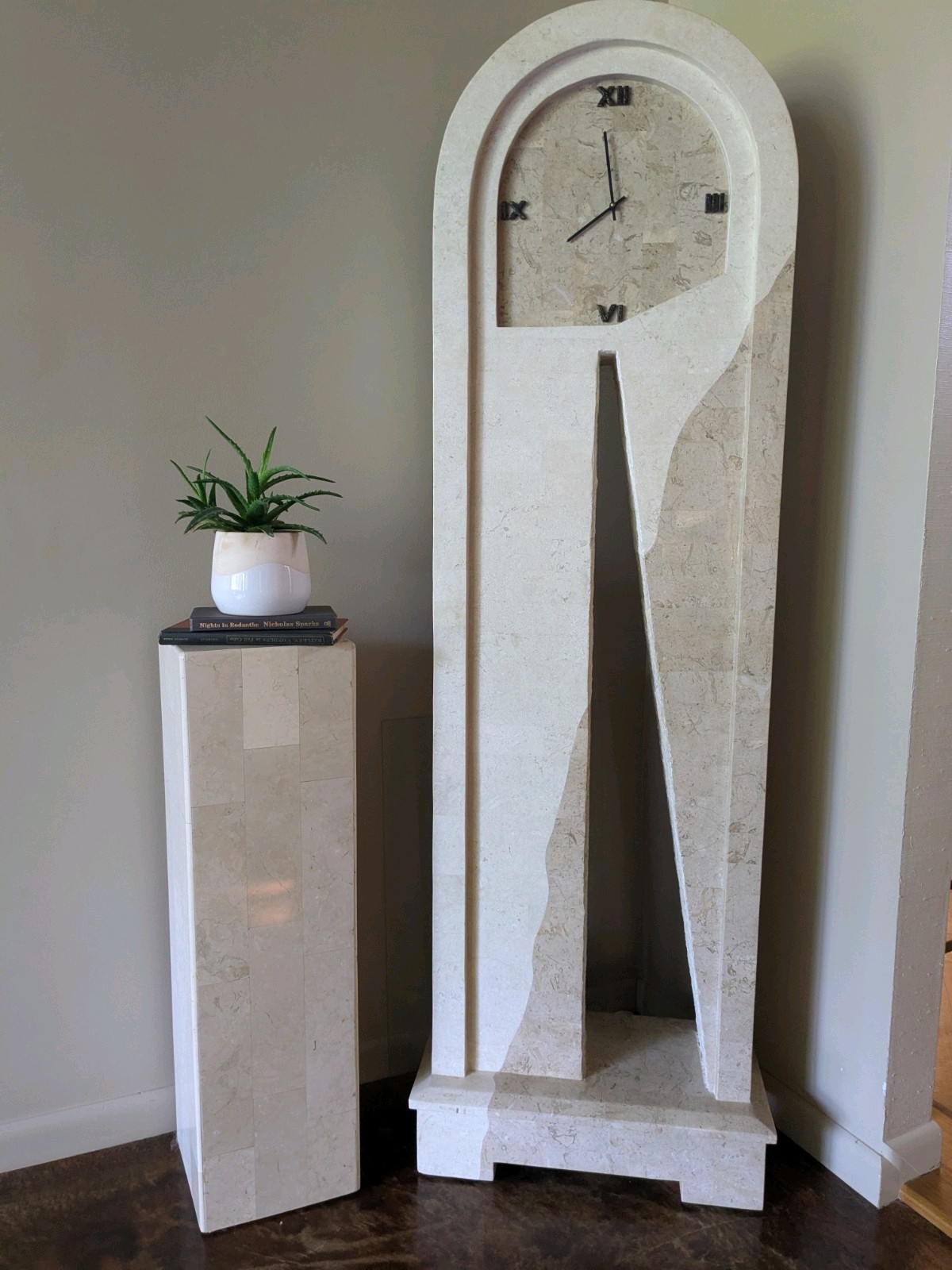 Cream Tessellated stand up Stone Grandfather Floor Clock & Plant Stand modern