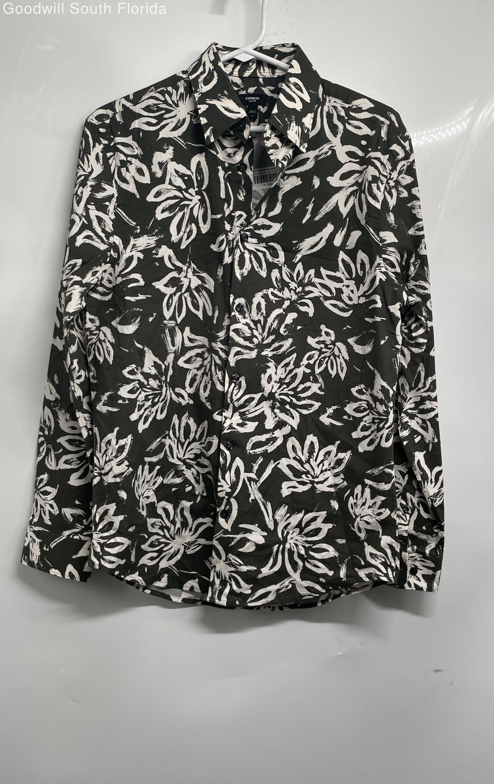 Express Mens Black Floral 1MX Slim Fit Long Sleeve Collared Button-Up Shirt Sz S