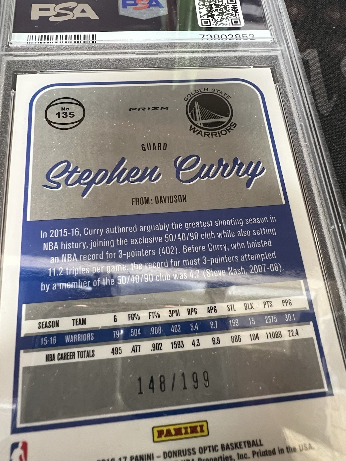 Stephen Curry PSA 10 2016-17 Donruss Optic #135 Orange Prizm #148/199 Warriors view 3