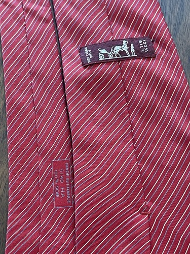 Mens HERMES necktie red blue stripes 100% silk corporate designer France tie - Picture 5 of 7