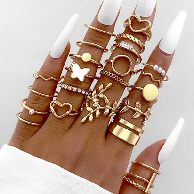 Schmetterling Blatt und Herz Muster Multi Joint Ring Set 21 Stück Silber Farbe
