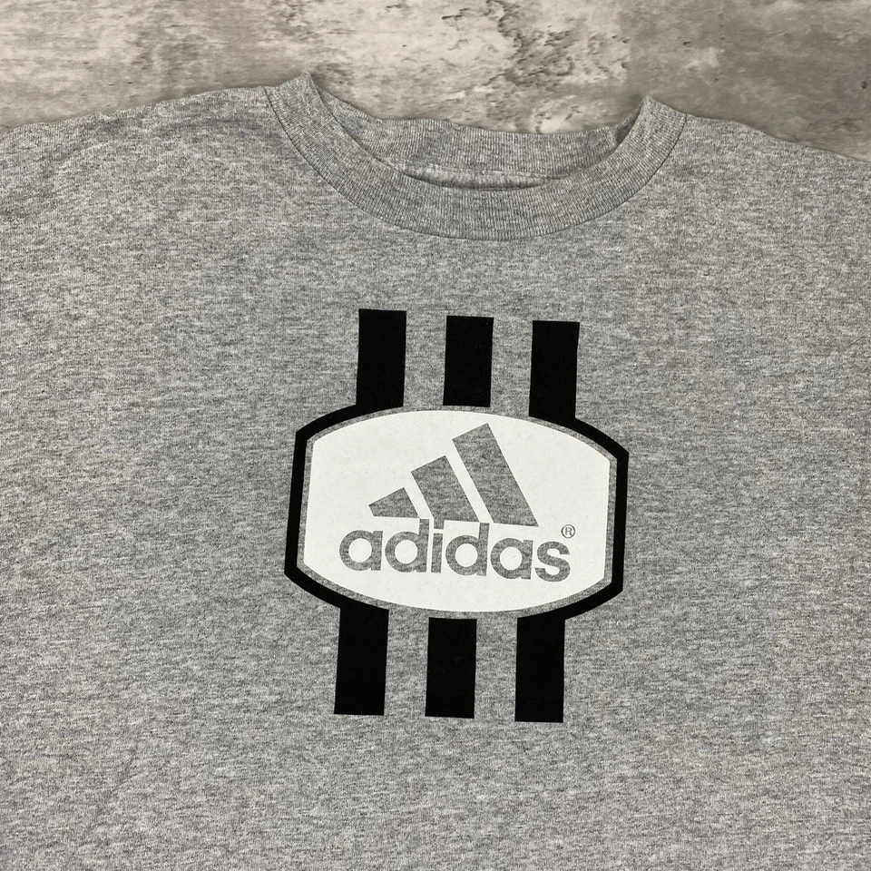 Camiseta vintage años 90 ADIDAS para hombre XL 3 RAYAS doble cara hecha en EE. UU. gris Foto 2 de 4