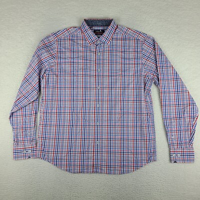 BUGATCHI Shirt Mens Large Blue Red Plaid Classic Fit Performance Dress Button Up