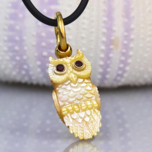 Gold Vermeil Sterling Silber Perlmutt Owl Hängelampe Rot Rubin Edelstein Augen - Bild 3 von 9