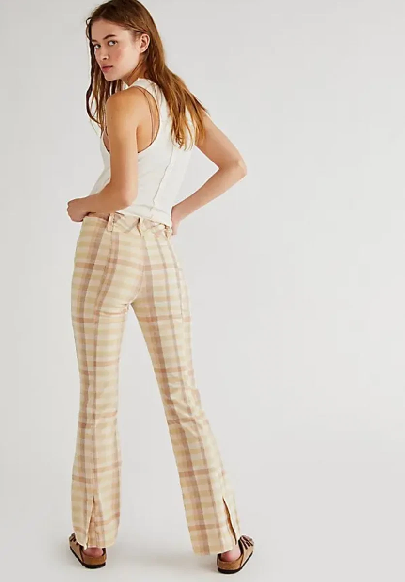 Free People The Way You Move Flare Pants Cream Natural Beige Plaid Linen  Size 14