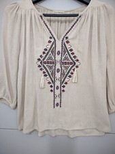 Ulla Johnson Top Womens 4 Beige Peasant Tunic Embroidered Tassel 100% Silk Vneck
