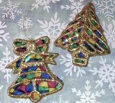 2 Vtg Christmas Plastic Glittered Stained Glass Style Tree  Bell Onaments H.K.