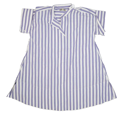 Banana Republic Poplin Roll Cuff Short Sleeve Blue White Striped Shirt Women M/L