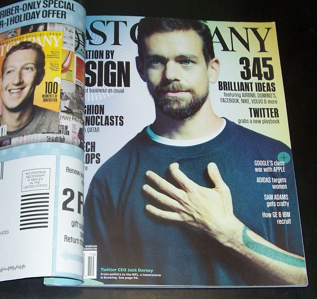 Twitter, Jack Dorsey, Dominoes, Facebook, Volvo FAST COMPANY Oct 2016, Comb  Shpg