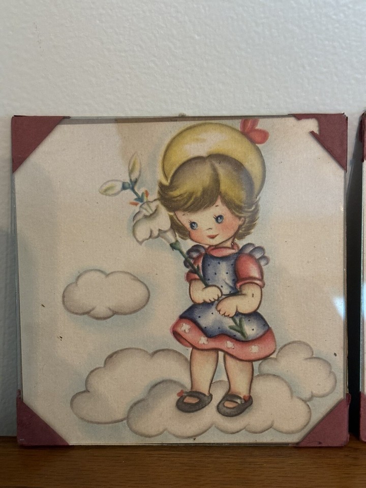 Vintage 1940’s Kitschy Watercolor Prints Under Glass Mini Wall Hangings
