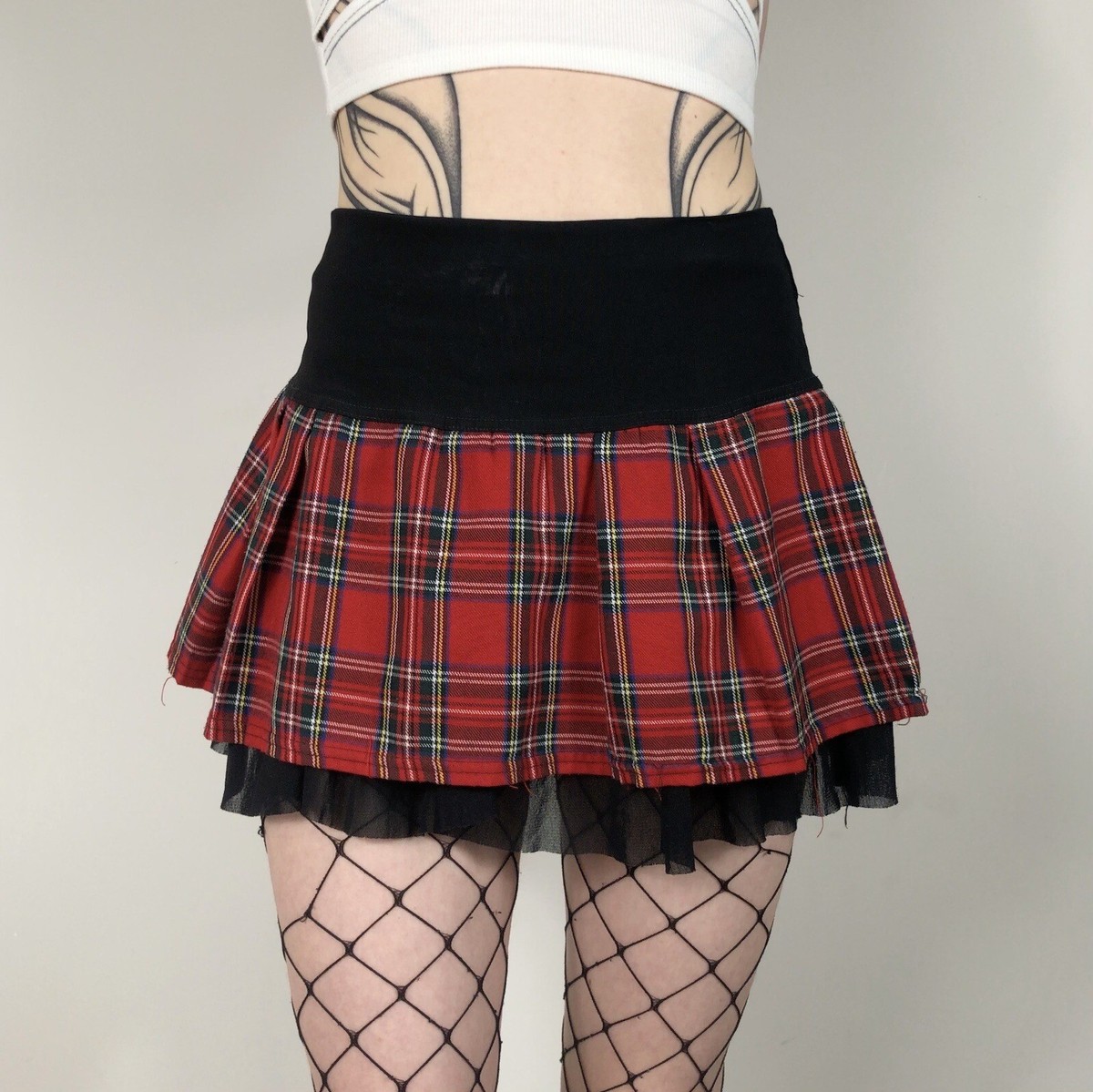 Death Kitty M Mini Skirt Plaid Black Red Mall Goth Mesh Clueless Pleated  Alt y2k