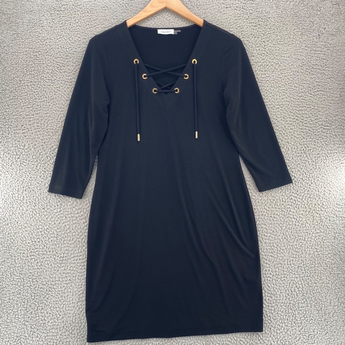 calvin klein lace up dress Calvin Klein Dress Womens 12 Black Shift Lace Up Neck Gold Grommet Jersey  Knit