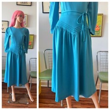 💙 Vtg Lanz Poly Wool Blue Drop Waist Modest Tea Garden Puff Sleeve Midi Dress S