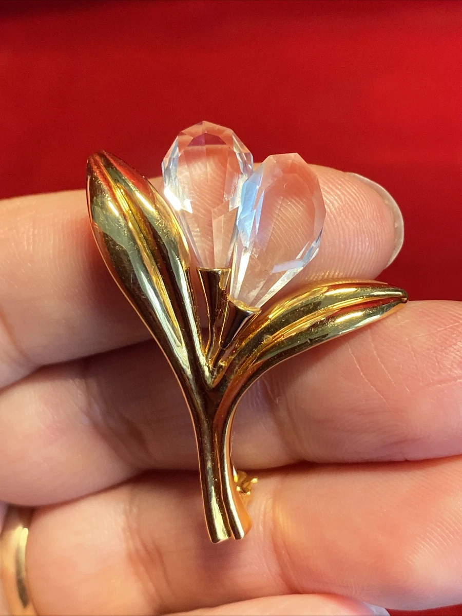 Vintage SWAROVSKI Swan Logo Crystal Flower Gold Plated Brooch Pin