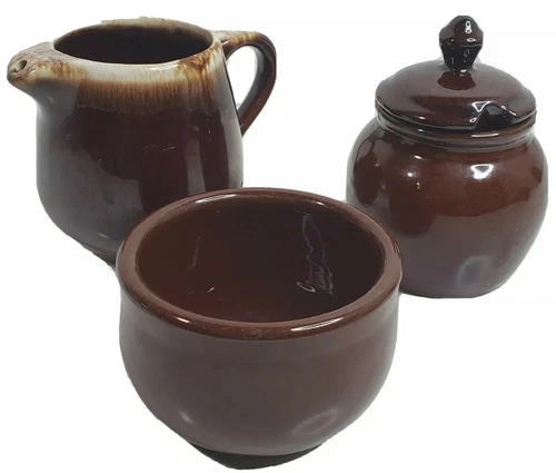Creamer Pour Cup Sugar Bowl Mini Crock Brown Drip Stoneware 4 Piece Serve USA