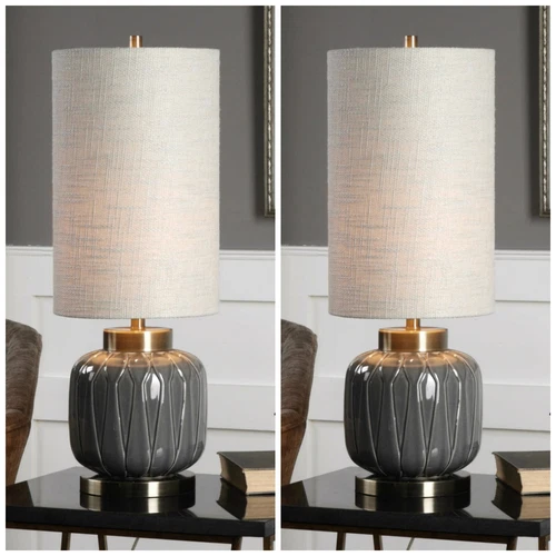 PAIR ZAHLIA 32" EMBOSSED CERAMIC ACCENT TABLE BUFFET LAMPS BRASS METAL 29559 - Picture 1 of 5