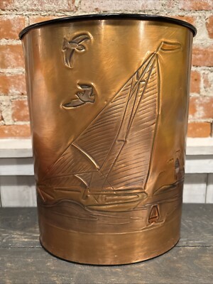 Copper Wrapped Tin Wastebasket Trash Can Sailing Handcrafted Gregory Hentzi 1994