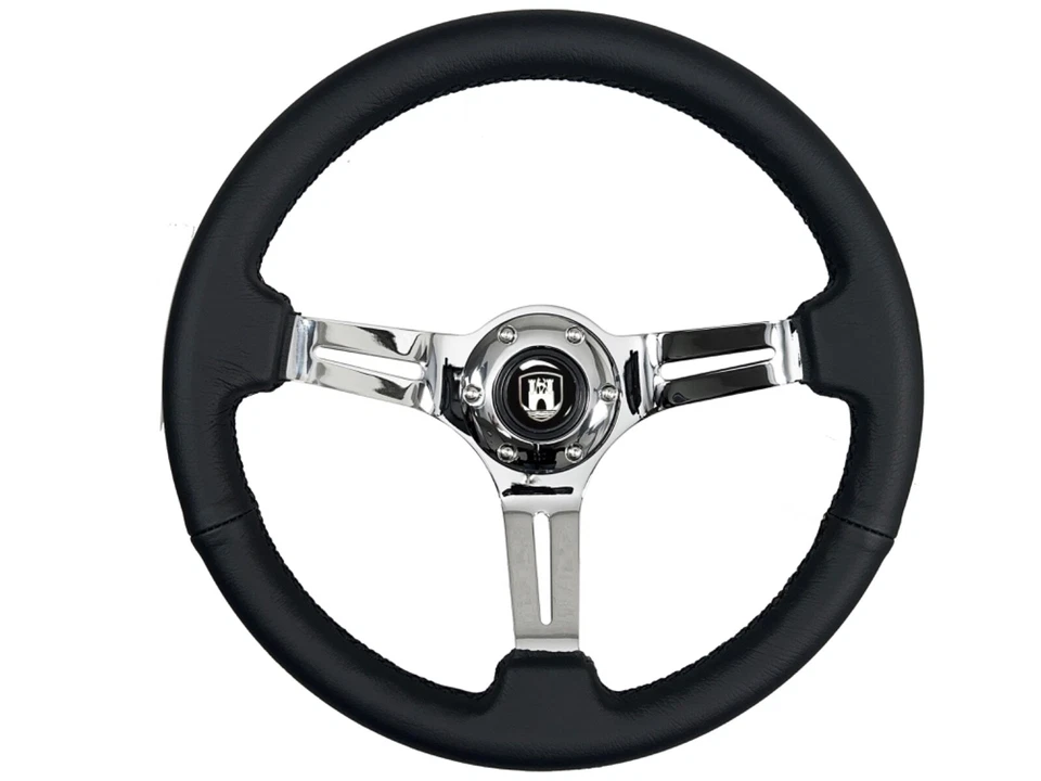 1960-74.5 VW Volkswagen Beetle Bug Black Leather  Steering Wheel Chrome Kit 14" - Image 2 of 4
