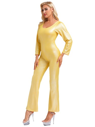 Women Disco Costume Metallic Unitard Glittering Dance Jumpsuit Wide Leg 70s - Picture 30 of 99