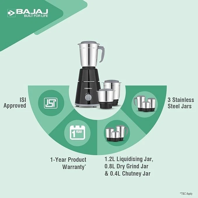 Bajaj Mixer Grinder with 3 Jars WITH Universal Converter Free 500W 220V - Image 2 of 4